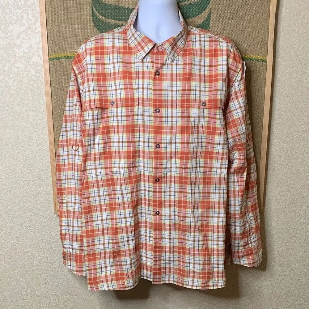 Orvis Men's ACTIVE FIT, Orange and White Plaid Button Down Shirt